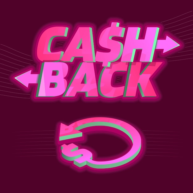 Glasinscriptie, 3D-lettertype, cashback isometrisch pictogram. Glanzend oppervlak, reflectie