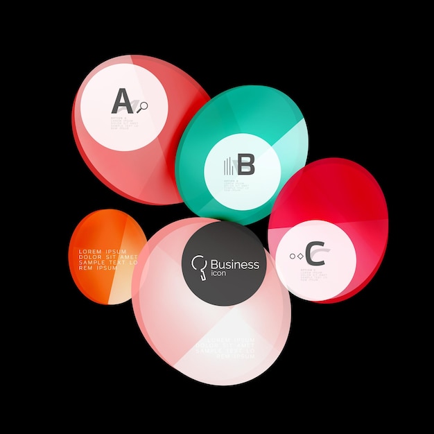 Glaskleur cirkelen infografische elementen op zwarte abstracte achtergrond