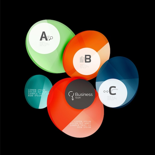 Glaskleur cirkelen infografische elementen op zwarte abstracte achtergrond