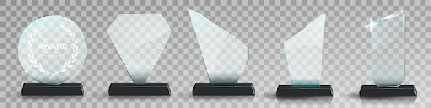 Vector glass award trophy set transparent prize template winner first place concept vector illustration