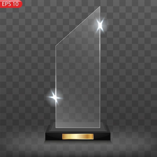 Glass award trophy set. Transparent prize template. Winner first place concept. Vector illustration.