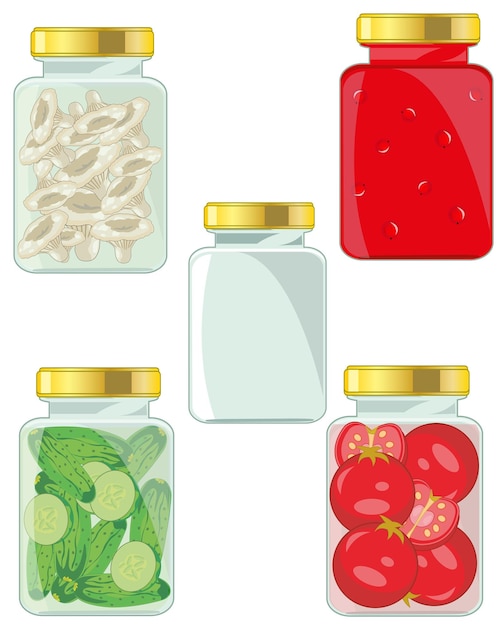 Vector glass banks with canned meal mushroomsvegetablescompotevector illustration