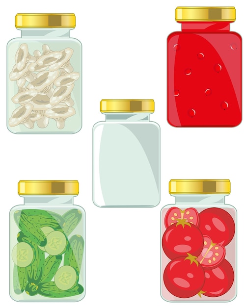 glass banks with canned meal mushroomsvegetablescompotevector illustration