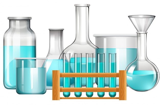 Vector glass beakers and test tubes with blue liquid