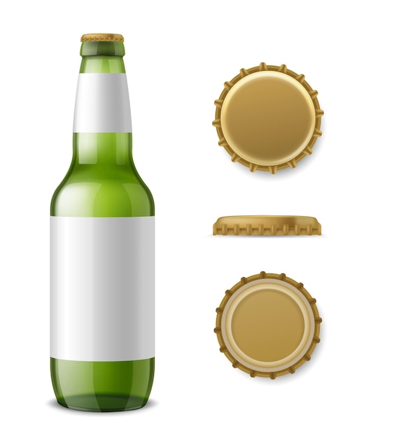 Glass beer bottle mockup. Realistic 3d drink packaging, alcohol green bottle with labels and different angles metal cap. Blank vessel for branding, product advertising template, vector isolated set