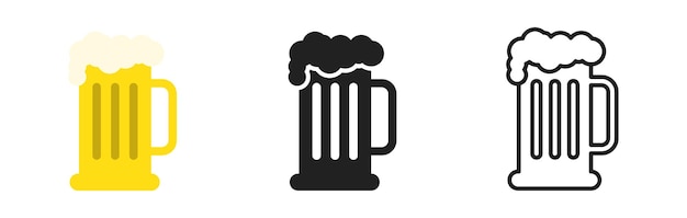 Glass of beer icon set Black linear and yellow Vector EPS 10