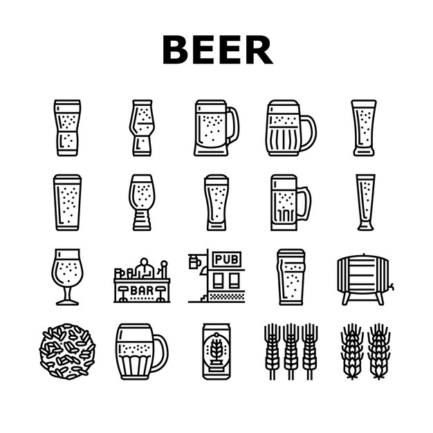 Вектор Стеклянная кружка пива пинта бар набор иконок для напитков вектор