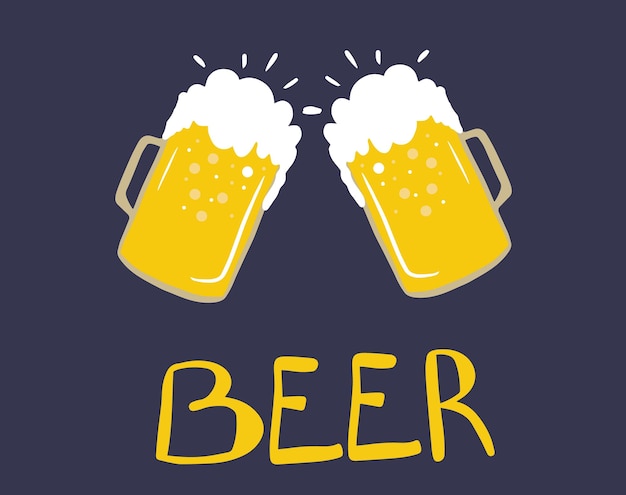 Glass beer mugs with light wheat beer. Foam and bubbles pour over the edge. Vector simple cartoon