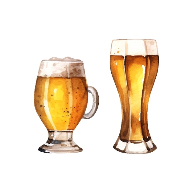 Glass of beer in watercolor style on white background for menu