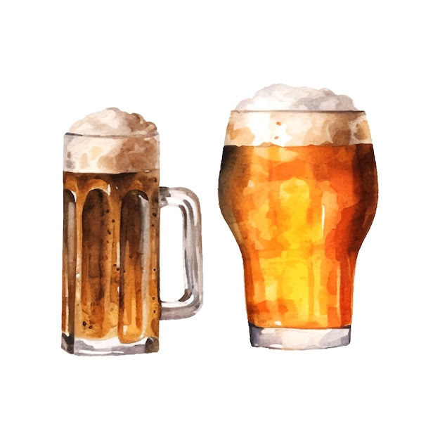 Glass of beer in watercolor style on white background for menu