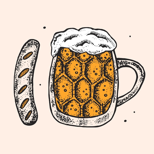 Vector glass of beer with german sausage. oktoberfest clip art, set of elements.