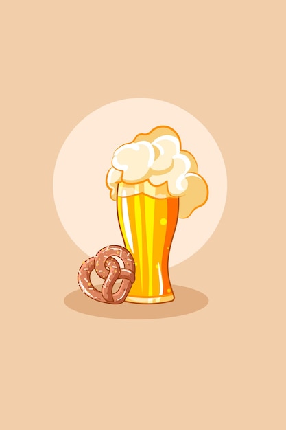 Vector glass beer with pretzel in oktoberfest cartoon illustration