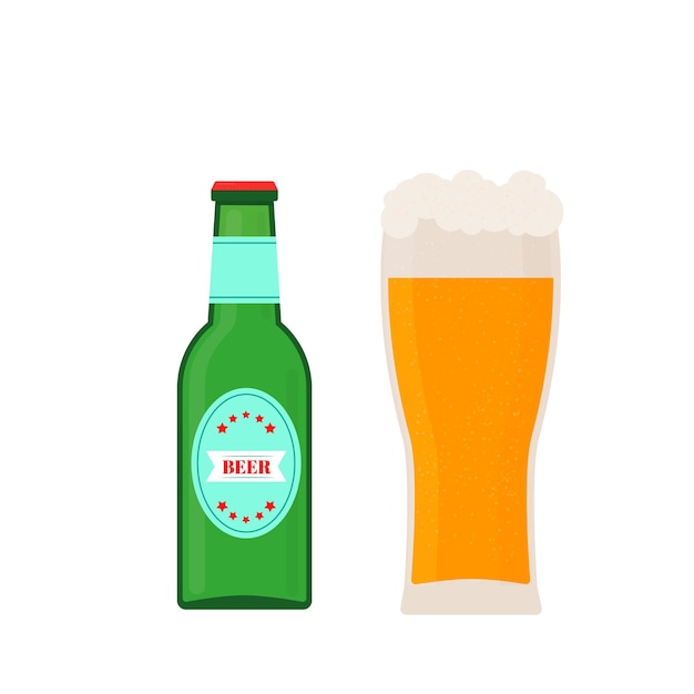 Glass and bottle of beer isolated on white Flat vector icon Easy to edit vector element of design for your brewery logo design poster banner flyer tshirt bar or pub menu etc