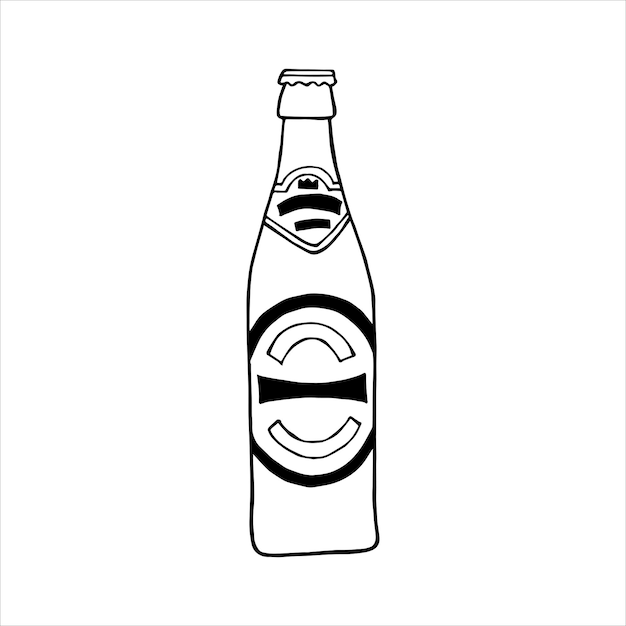 Glass bottle of beer with a label and a cap black and white isolated on a white background