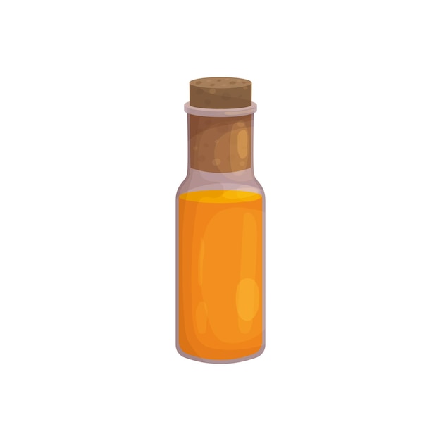 Glass bottle of essential oil or an orange base oil in cartoon style Aromatherapy oil for spa treatments cooking and perfumes Icon for website design packaging