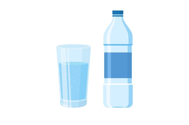 glass and bottle of water isolated vector illustration on white background