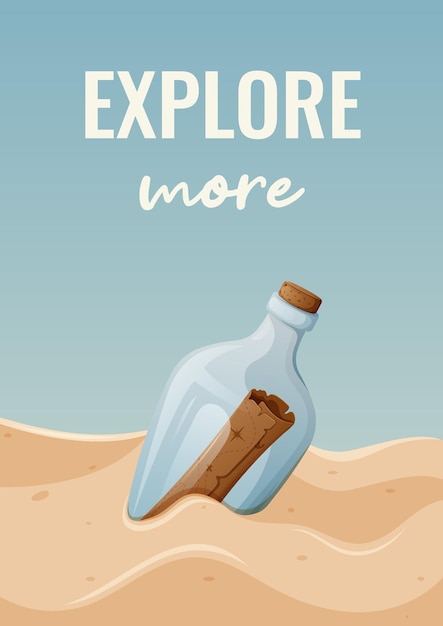 Glass bottle with an old treasure map in the sand Vector illustration with text explore more