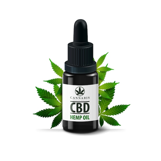 Glass bottle with pipette isolated . Glass black bottle of Medical cbd oil and hemp leafs isolated