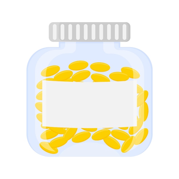 Glass bottle with yellow pills. Pills in capsules. Vector illustration