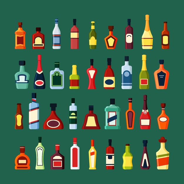 Вектор Набор алкогольных напитков из стеклянных бутылок