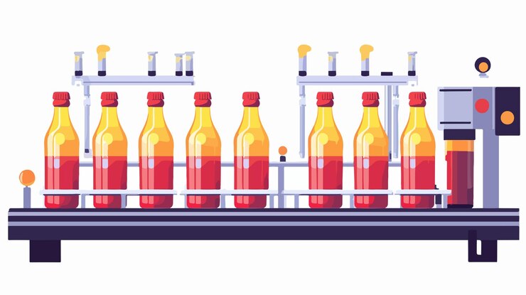 Vector glass bottles on conveyor production line process in beverage factory