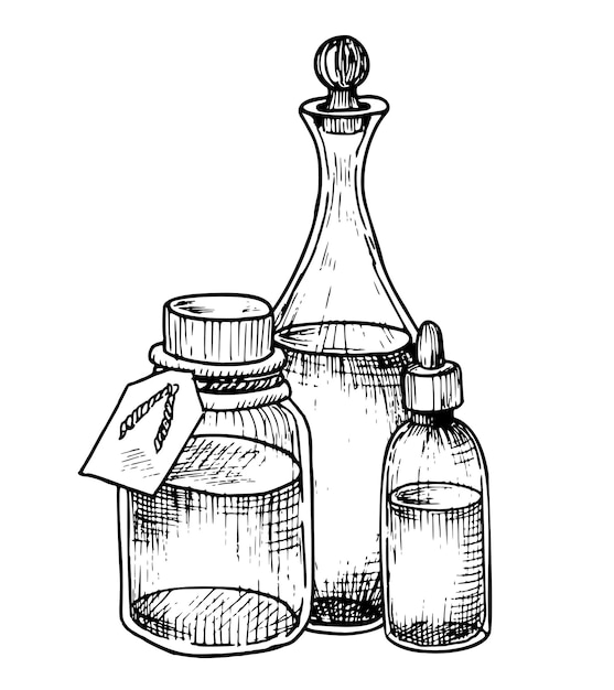 아로마 테라피 및 약국에 대한 에센셜 오일 유리 병과 디칸터; 검은 잉크로 칠한 빈티지 병의 손으로 그려진 터 일러스트레이션; 자연 화장품 또는 의약품의 선형 그림