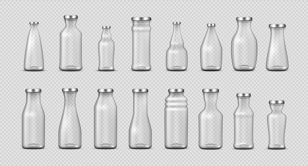Стеклянные бутылки. Реалистичные пустые 3D-контейнеры для рекламы молока, воды, холодного кофе и сока. Сборник закрытых пакетов в различных формах макета. Набор векторных изолированных прозрачных банок шаблонов