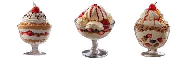 a glass bowl of ice cream with strawberries on it