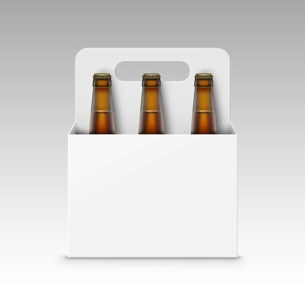 Vector glass brown bottles of beer with white packaging