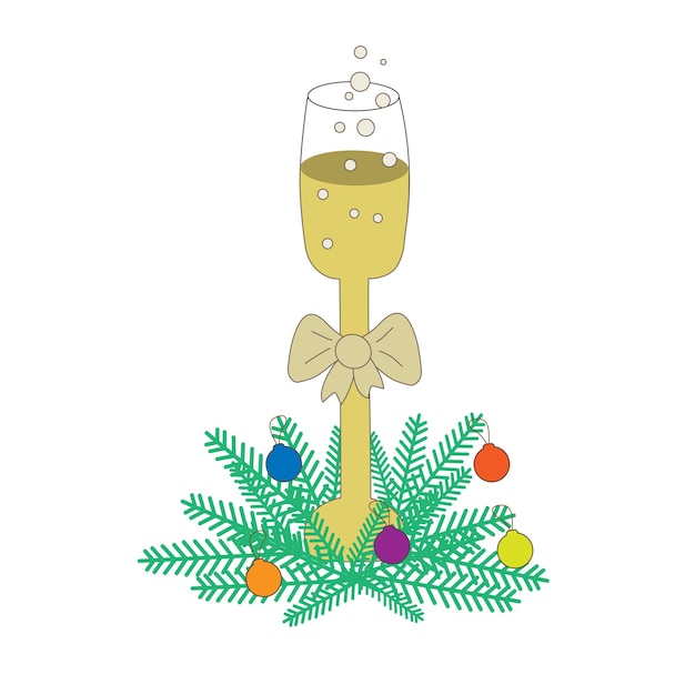 A glass of champagne in the branches of a Christmas tree with New Year's toys