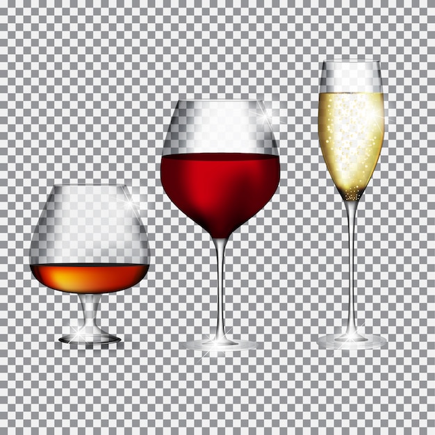 Vettore bicchiere di champagne, cognac e vino su trasparente