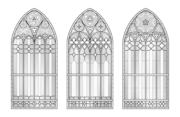 ベクトル ガラスの教会の窓 カトリックの黒と白の3つのフレーム