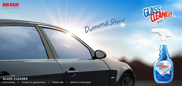 Vector glass cleaner ad banner 3d illustration of a realistic car outdoors on a bright sunny day with cleaner spray bottle package