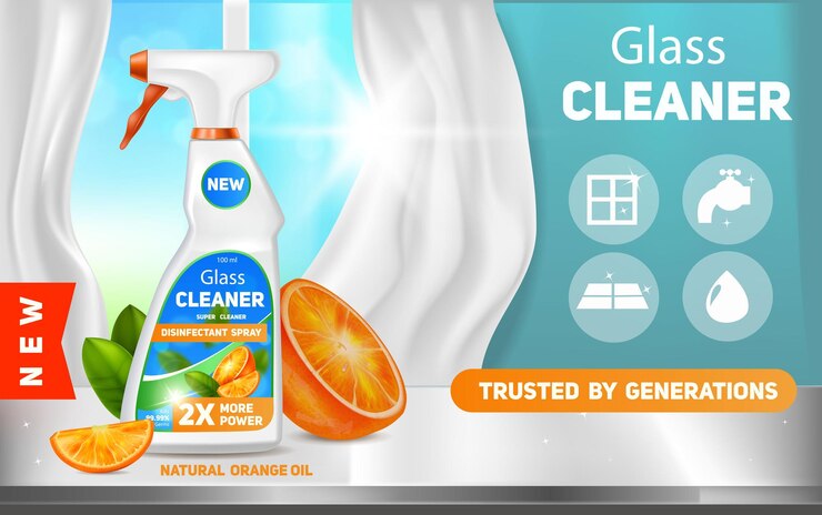 Vector glass cleaner ad on table and clean transparent window on the background concept of product package