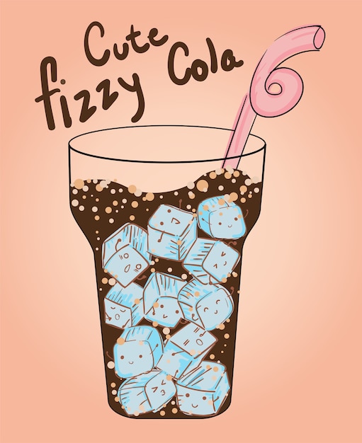 a glass of cola with cute ice cubes 