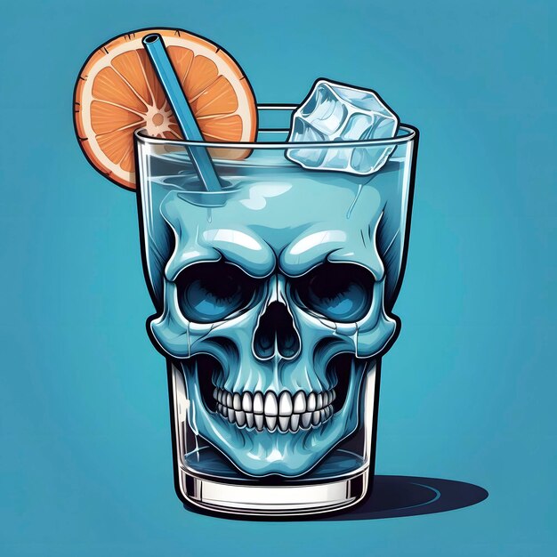 a glass of cold beverage with a skull and fruit