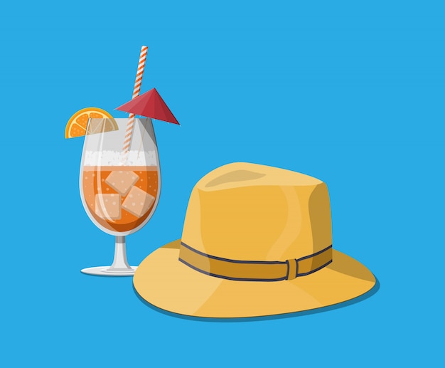 Glass of cold drink, men straw hat