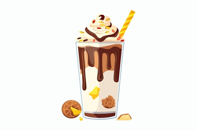 Glass of cold vanilla milkshake decorated with pieces of chocolate and caramel candies Isolated on white background Vector cartoon illustration