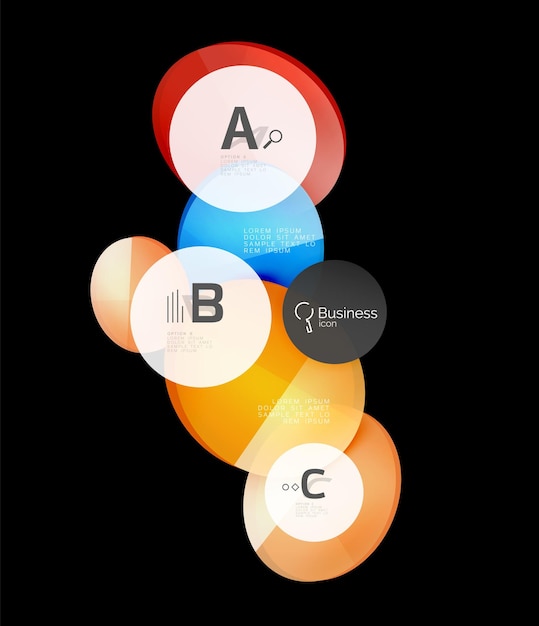 Инфографические элементы стеклянных цветных кругов на черном абстрактном фоне