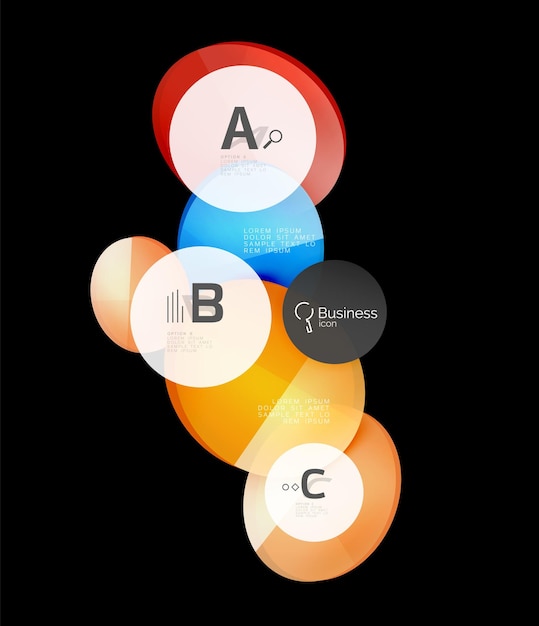 검은 추상 배경에 유리 색상 원 인포그래픽 요소