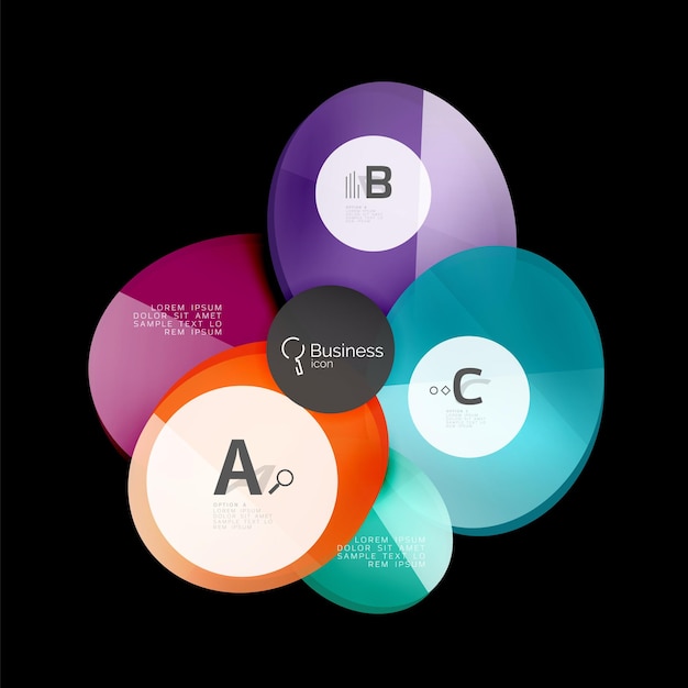 Стеклянные цветные круги инфографические элементы на черном абстрактном фоне