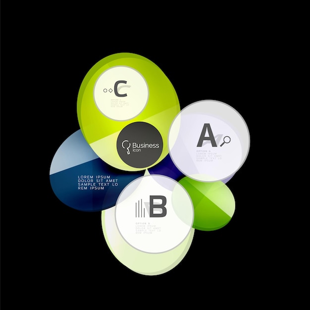 Elementi infografici a cerchi di colore di vetro su sfondo astratto nero