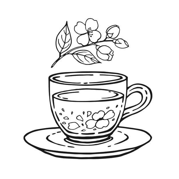 玻璃杯茶花 手繪的向量插圖在輪風格