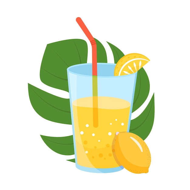Glass cup with Fresh lemonade and straw Summer Refreshing drink with lemon Vector illustration