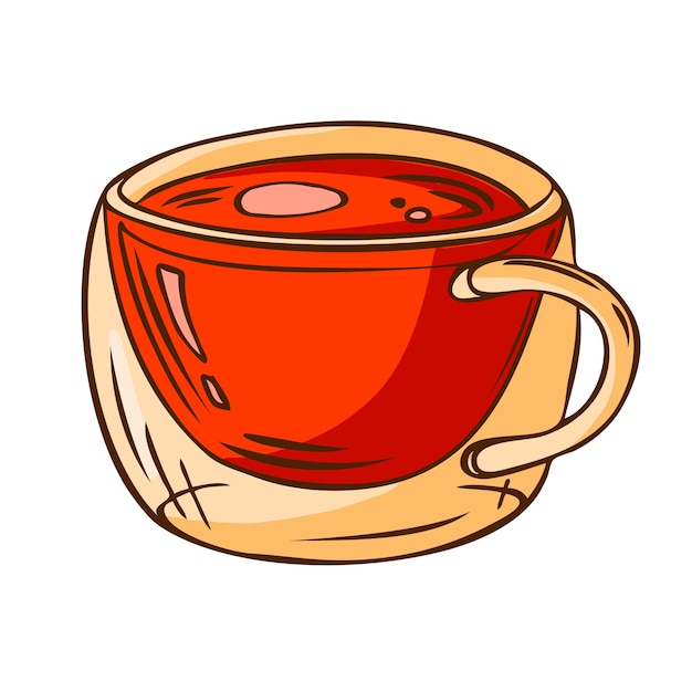 Glass cup with hibiscus tea Hot drink for breakfast Colorful vector illustration