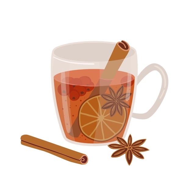 Vector glass cup with mulled wine with anise cinnamon berries orange isolated on white background traditional fall and winter drinks beverage vector illustration autumn hot spicy sangria tea