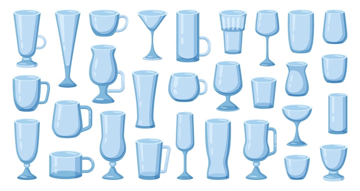Vector glass cups for drinks and cocktails glassware