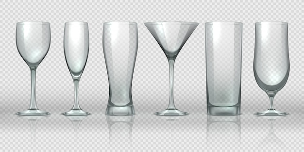 Glass cups. empty transparent glasses and goblet mockups, realistic 3d bear pint and cocktail glassware.