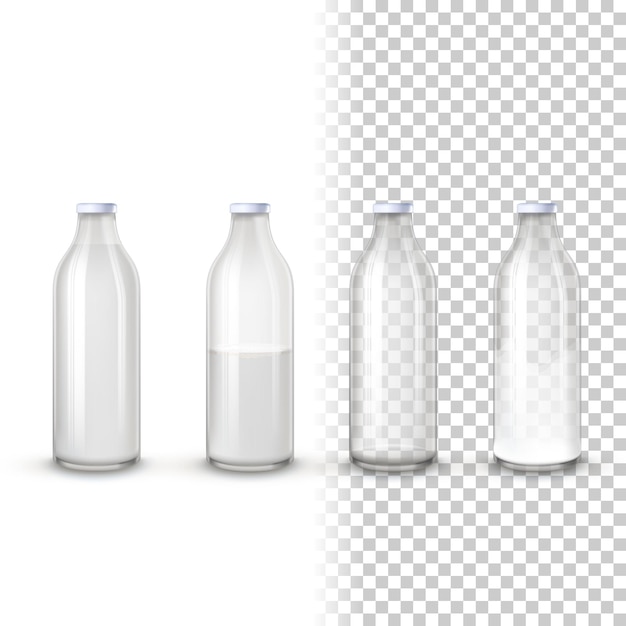 Vector glass dairy product bottle realistic mockup set