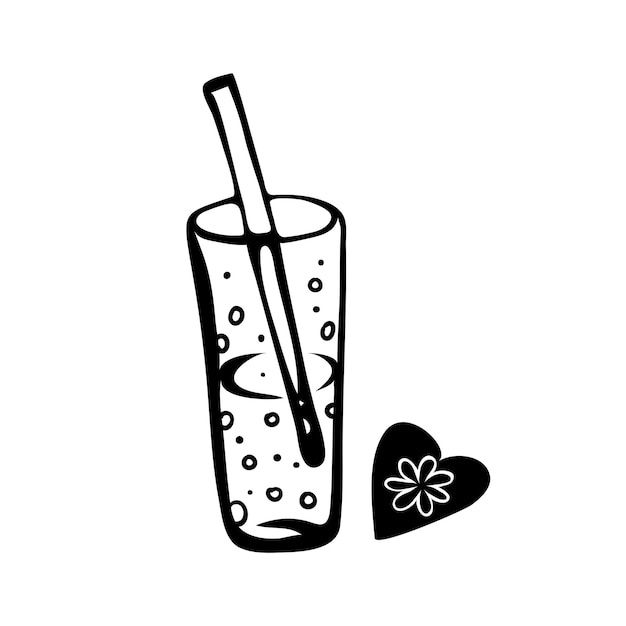 Glass in doodle style. Cartoon drawing of a glass with a drink and a straw.